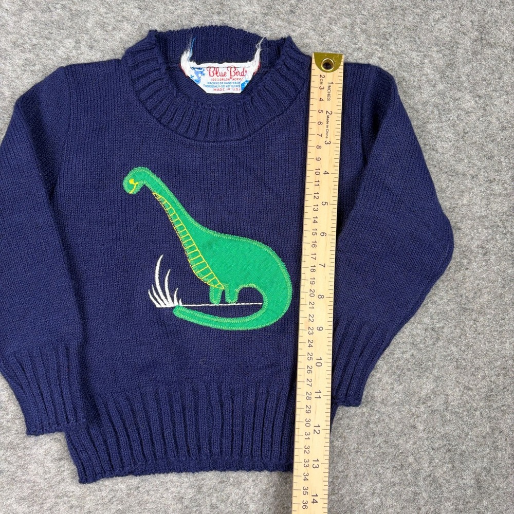 Blue Bird Dinosaur Sweater Kids Navy Blue Vintage 70s 80s Brontosaurus Knit - Picture 7 of 10